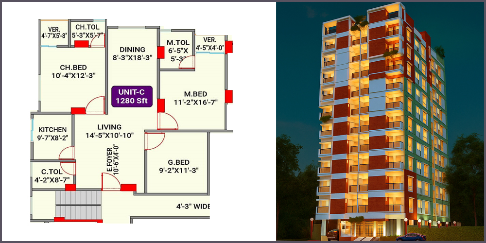 SS Tower 3 Bed 1st  Floor Unit C 1280 SFT